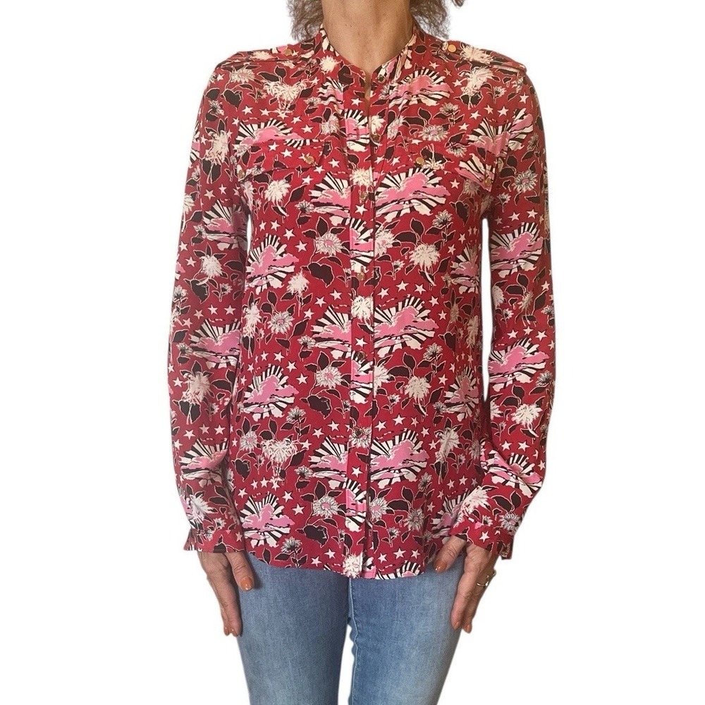 JUICY COUTURE Red Silk Boho Shirting Floral Print Utility Blouse Long Sleeve 2